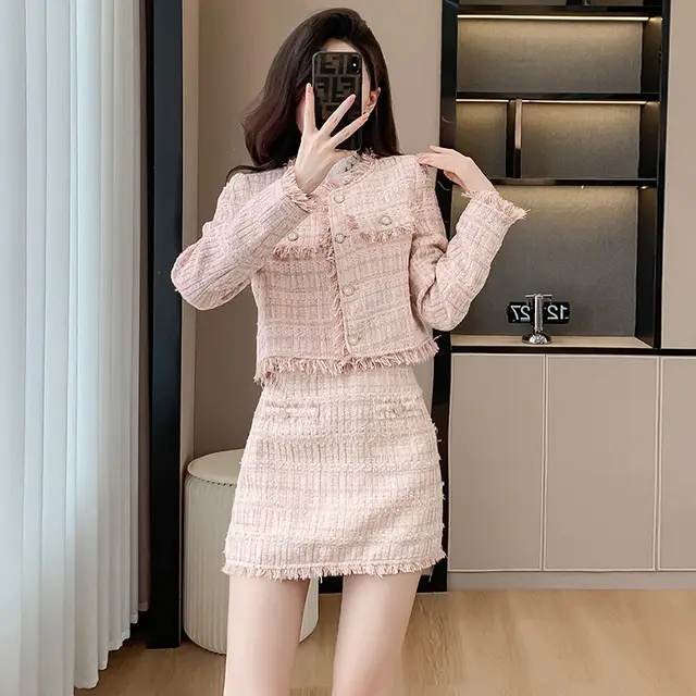 Polyester Suit Skirt Elegant Socialite Fringed Burr Coat Pink - Shop at LoveMi