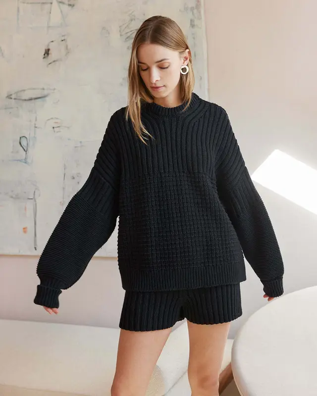 Fashion Autumn And Winter New Round Neck Loose Casual Two piece Suit Black - Shop at LoveMi