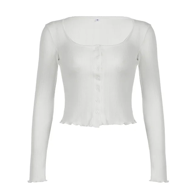 Solid Color Hollow Jacquard Round Neck Breasted Cardigan Top White - Shop at LoveMi