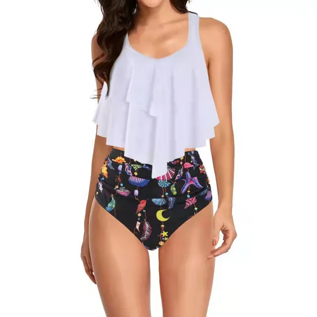 Women's Double Lotus Leaf High Waist Plus Size Printed Split Bikini White - Shop at LoveMi