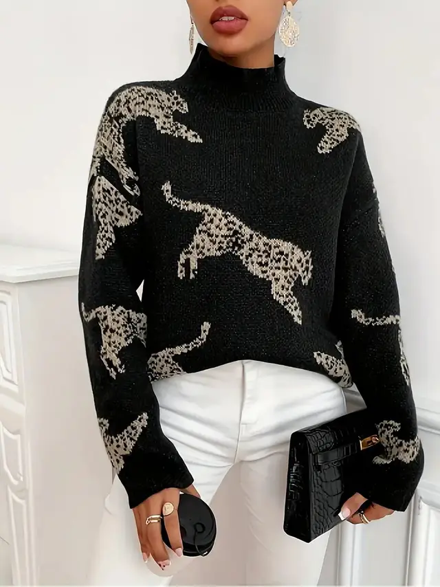 Elegant Jacquard Contrast Color Knitwear Top Black - Shop at LoveMi
