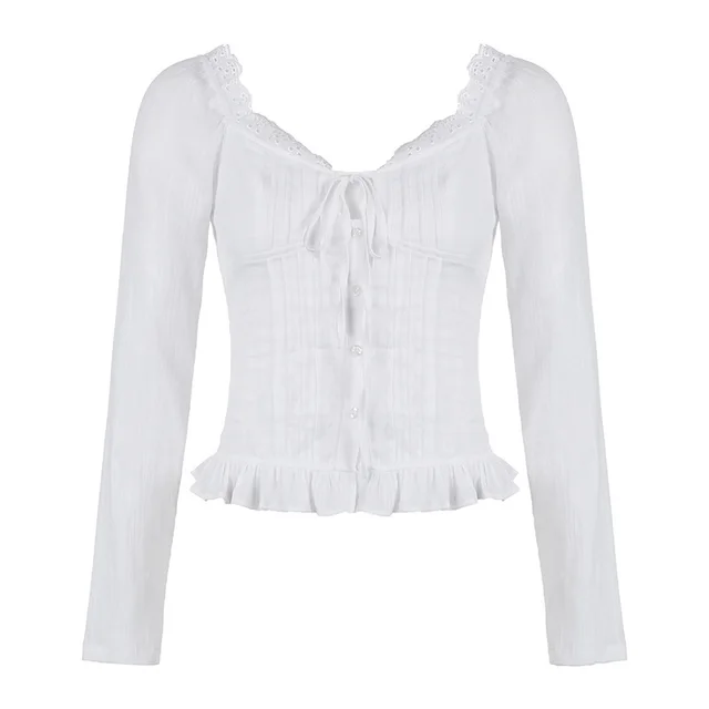 French Pure Desire Style Solid Color Stringy Selvedge Lace up Long Sleeve White - Shop at LoveMi