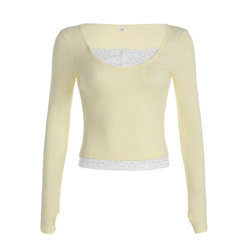 Gentle Cream Yellow Floral Stitching Fake Two piece Long Sleeve Floral - Shop at LoveMi