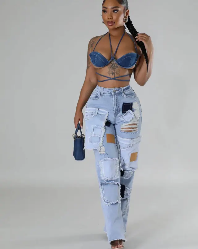 Casual Printed Patch Hole Denim Straight leg Pants Light Blue - Shop at LoveMi