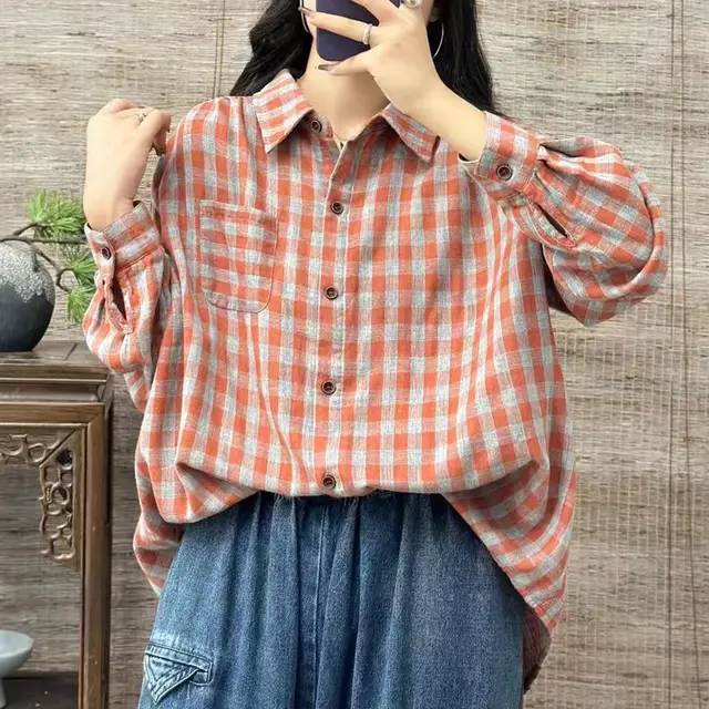 Artistic Cotton Yarn Small Plaid Shirt Women's Long Sleeve No 1 Color - Shop at LoveMi