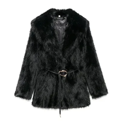 New Faux Fur Plush Lapel And Waist Tight Coat Black - Shop at LoveMi