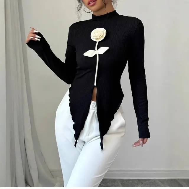 Women's Three dimensional Flower Slim Long Sleeve Top Black - Shop at LoveMi