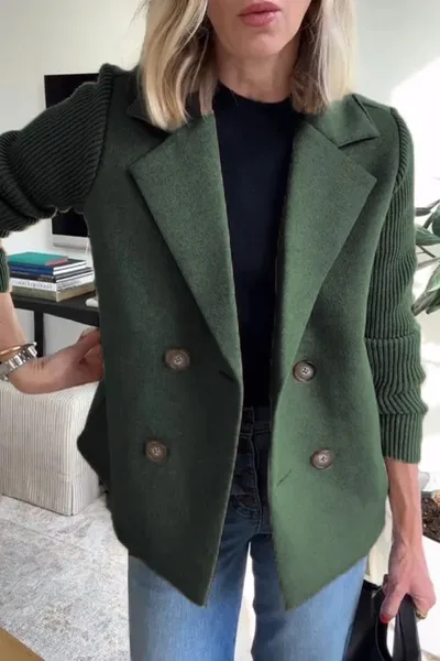Double Breasted Lapel Jacket Fashion Knitted Sleeves Splicing Design Coat Outerwear Women's Clothing Green - Shop at LoveMi