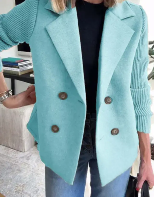 Double Breasted Lapel Jacket Fashion Knitted Sleeves Splicing Design Coat Outerwear Women's Clothing Light Blue - Shop at LoveMi