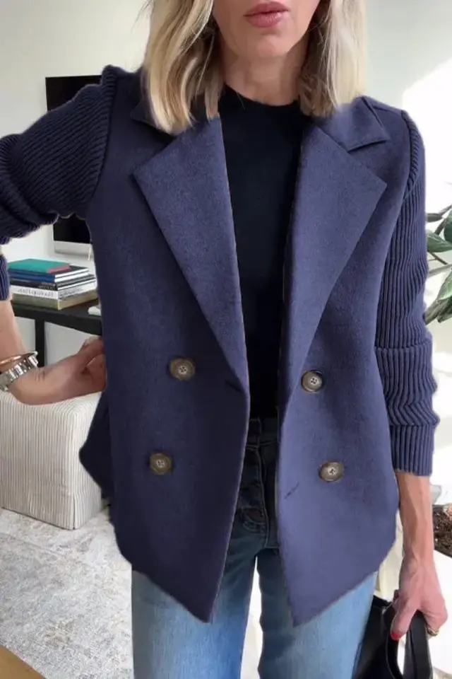 Double Breasted Lapel Jacket Fashion Knitted Sleeves Splicing Design Coat Outerwear Women's Clothing Navy Blue - Shop at LoveMi