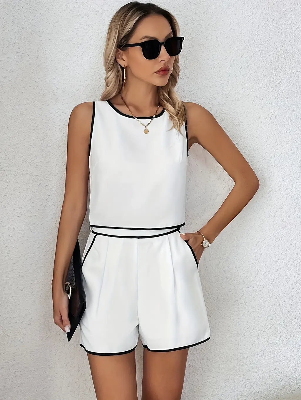 European And American Women's Clothing Summer Casual Shorts Vest Suit - White
