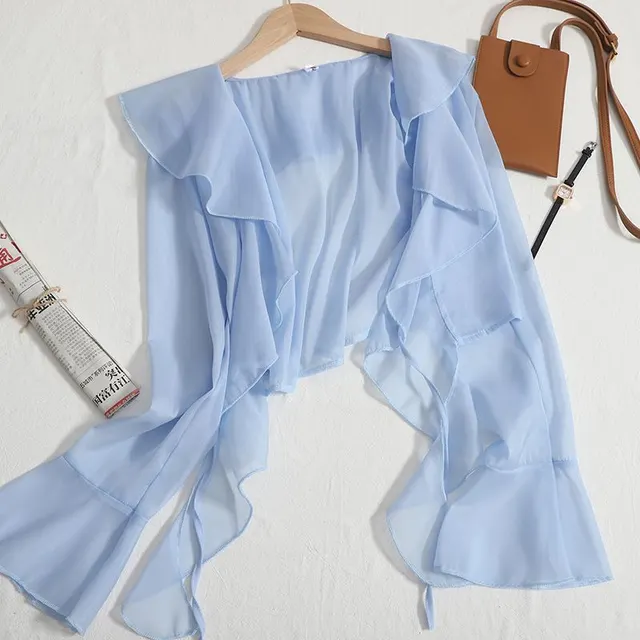 Pure Design Ruffled V neck Chiffon Long Sleeve Shirt Blue - Shop at LoveMi