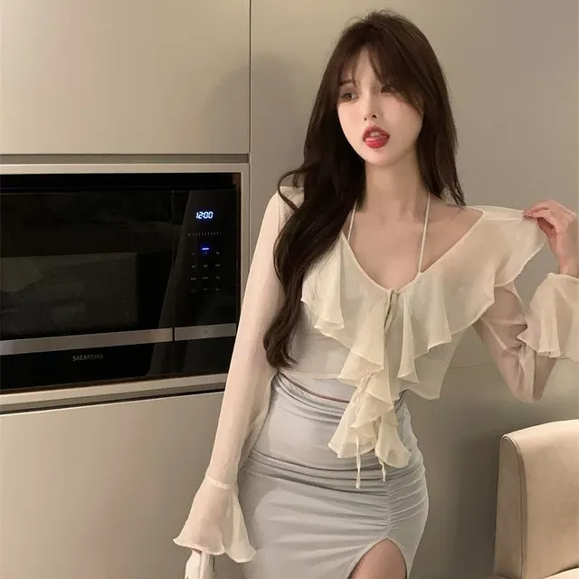Pure Design Ruffled V neck Chiffon Long Sleeve Shirt White - Shop at LoveMi