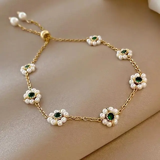 Pearl Flowers Bracelet All match Fashion Adjustable Chain Bracelet White - Shop at LoveMi