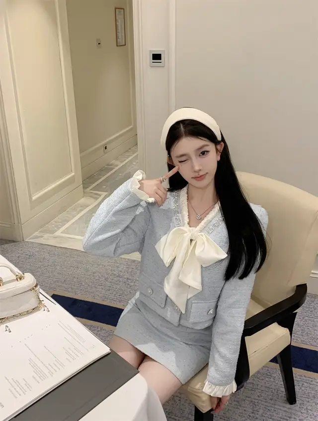 Fashion Bowknot Tweed Coat High Waist Skirt Two piece Set Blue - Shop at LoveMi