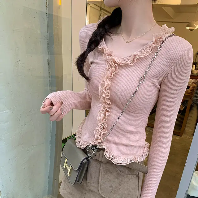 Lace Slim Women Long t shirt Pink - Shop at LoveMi