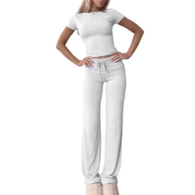 Casual Suit Short Sleeve Top And Trousers Homewear Light Gray - Shop at LoveMi