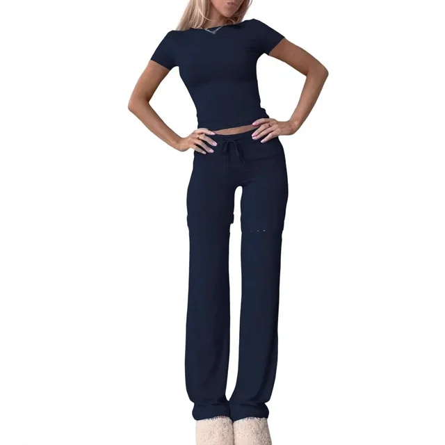Casual Suit Short Sleeve Top And Trousers Homewear Navy Blue - Shop at LoveMi