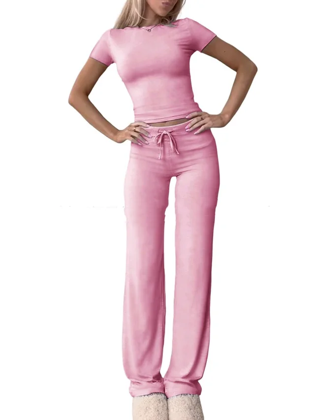 Casual Suit Short Sleeve Top And Trousers Homewear Pink - Shop at LoveMi