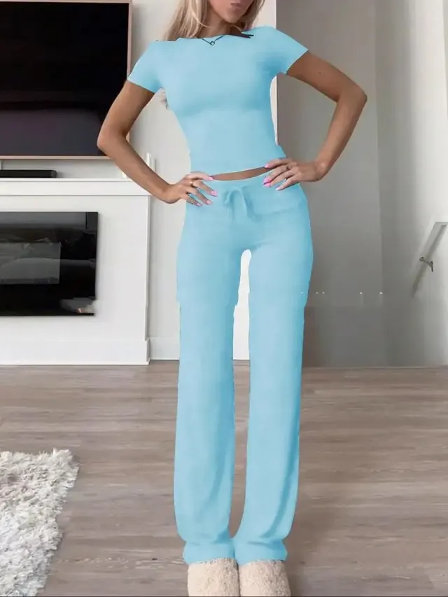 Casual Suit Short Sleeve Top And Trousers Homewear Sky Blue - Shop at LoveMi