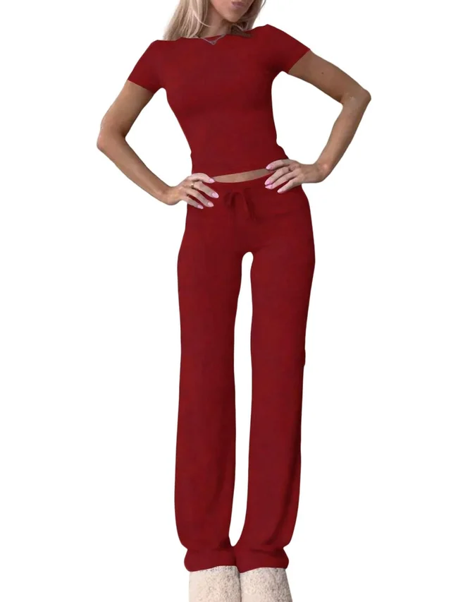 Casual Suit Short Sleeve Top And Trousers Homewear Wine Red - Shop at LoveMi