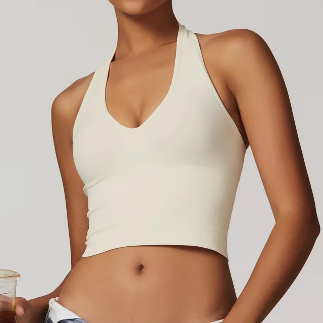 Women's Halter Cropped Top Beauty Back Yoga Bra Seamless Fitness Sports Vest Beige - Shop at LoveMi