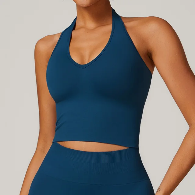 Women's Halter Cropped Top Beauty Back Yoga Bra Seamless Fitness Sports Vest Blue - Shop at LoveMi
