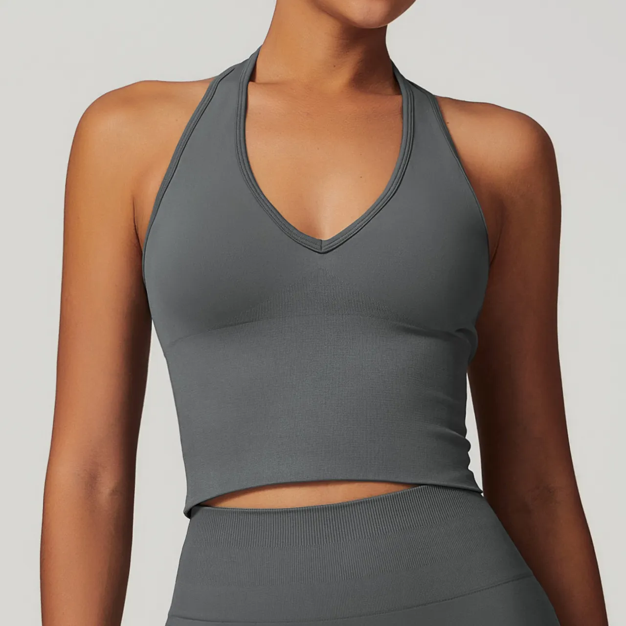 Women's Halter Cropped Top Beauty Back Yoga Bra Seamless Fitness Sports Vest - Dark Gray