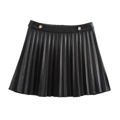 Autumn New Women's High Waist Slimming Faux Leather Wide Pleated Skirt Black - Shop at LoveMi