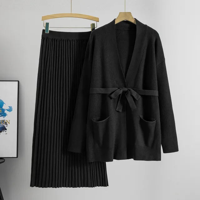 Knitted Skirt Two piece Pleated Long Skirt Fashion Suit Black - Shop at LoveMi