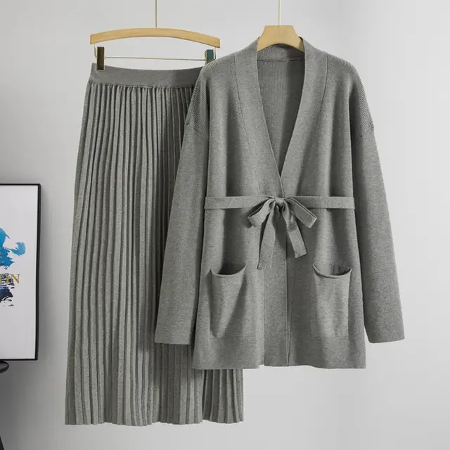 Knitted Skirt Two piece Pleated Long Skirt Fashion Suit Gray - Shop at LoveMi