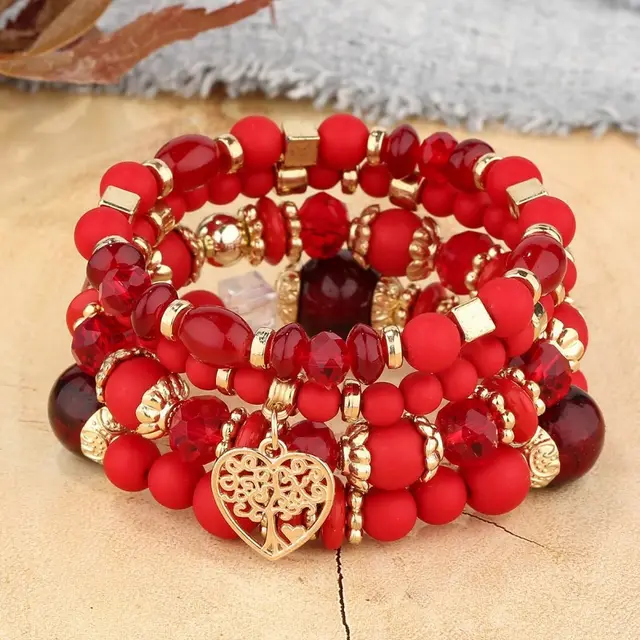 Bohemian National Style Crystal Peach Heart Multi layer Bracelet Red - Shop at LoveMi