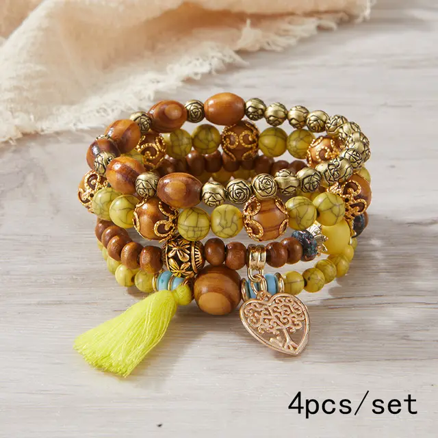 Bohemian Multi layer Wooden Bead Beaded Bracelet Yellow - Shop at LoveMi