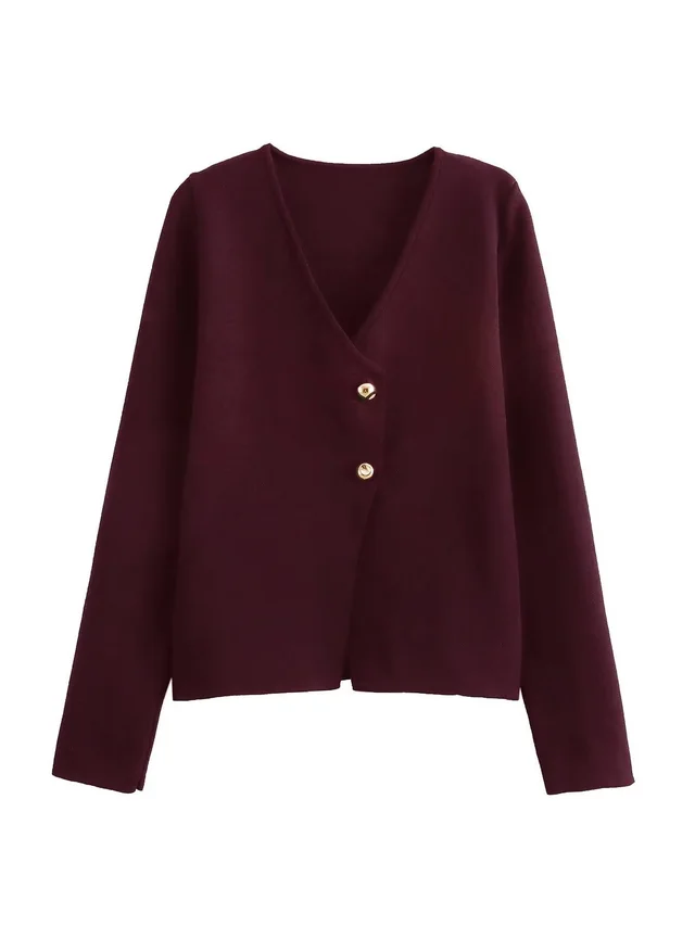 Autumn New V neck Slim fit Long Sleeve Knitted Cardigan Coat Wine Red - Shop at LoveMi
