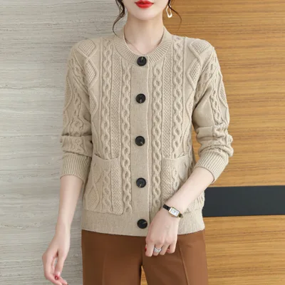 Cable knit Sweater Cardigan For Women Outer Match Short Autumn And Winter Khaki - Shop at LoveMi