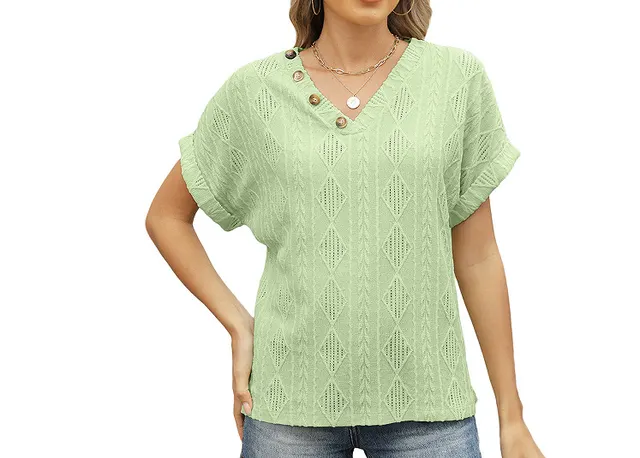 Spring And Summer Fashion V neck Buttons Jacquard Top Green - Shop at LoveMi