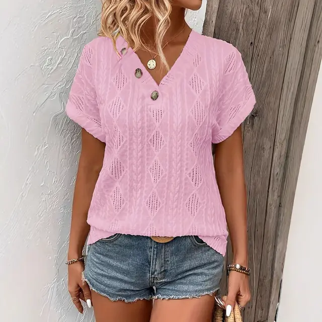 Spring And Summer Fashion V neck Buttons Jacquard Top Pink - Shop at LoveMi