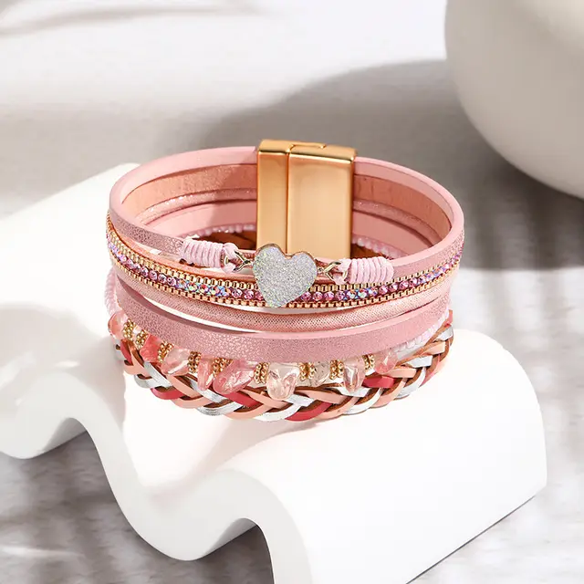 Retro Love Hand woven Leather Bracelet Pink - Shop at LoveMi