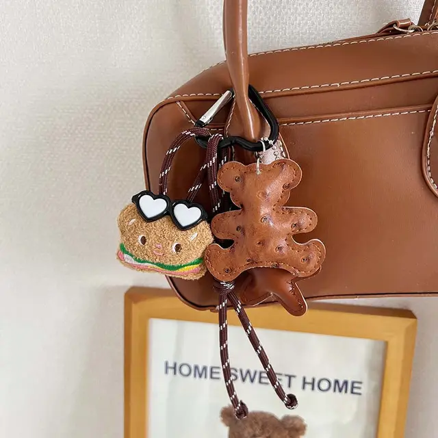 Cartoon Plush Simple Pansheng Bag Pendant Key Ring Brown Leather Bear - Shop at LoveMi