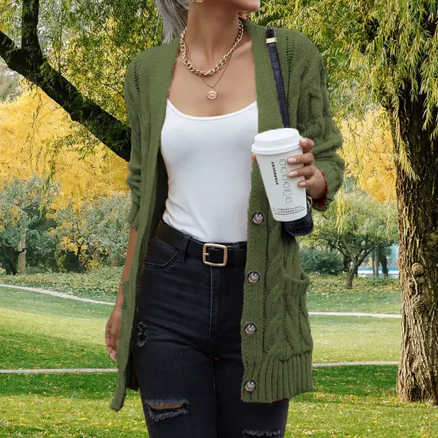 Women's Solid Color Pocket Button Twisted Sweater Army Green - Shop at LoveMi