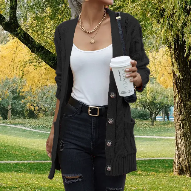 Women's Solid Color Pocket Button Twisted Sweater Black - Shop at LoveMi