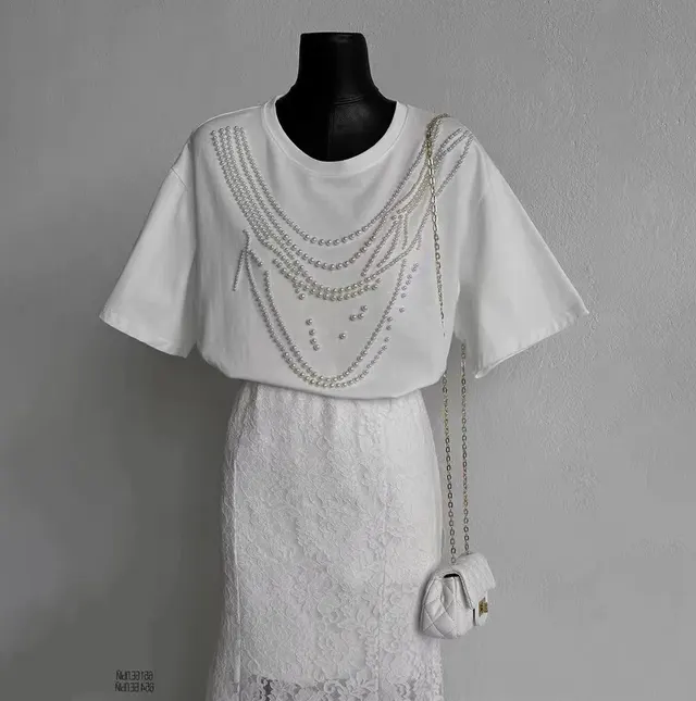 Heavy Industry Beads Pearl All match Slimming And Fashionable Top White - Shop at LoveMi