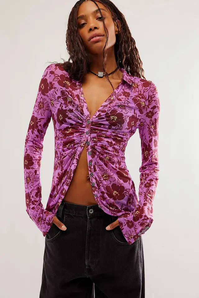 Hot Color Square Collar Long Sleeve Cardigan Shirt Women 1 Color - Shop at LoveMi