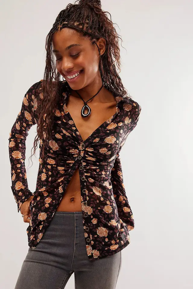 Hot Color Square Collar Long Sleeve Cardigan Shirt Women 2 Colors - Shop at LoveMi