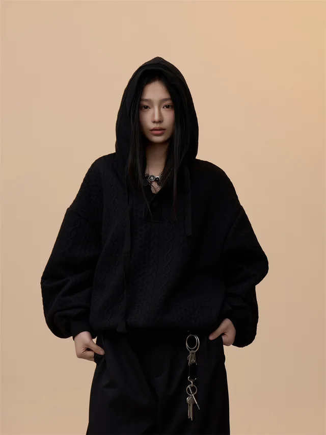 Retro Lazy Twist College Style Hooded Sweater Black - Shop at LoveMi