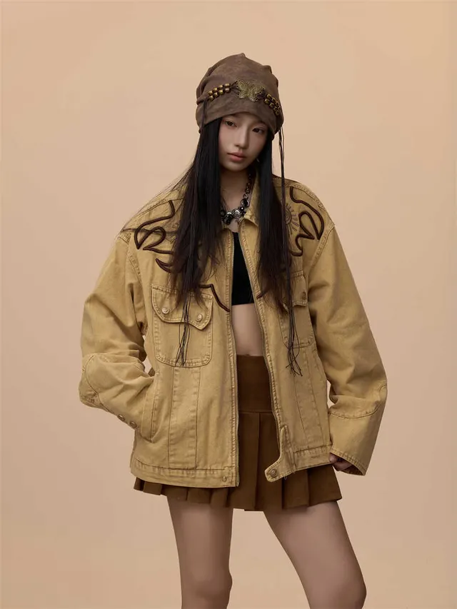 Vintage Embroidery Washed Heavy Weight Denim Coat Jacket Khaki - Shop at LoveMi
