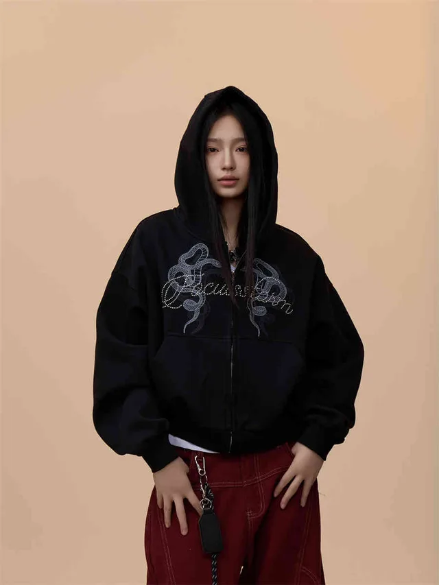 Retro Hooded Printed Casual Sweatshirt Women's Hooded Jacket Black - Shop at LoveMi
