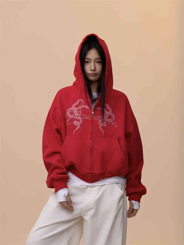 Retro Hooded Printed Casual Sweatshirt Women's Hooded Jacket Red - Shop at LoveMi