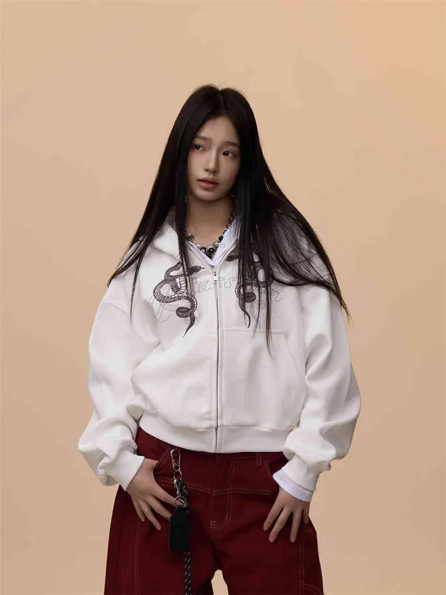 Retro Hooded Printed Casual Sweatshirt Women's Hooded Jacket White - Shop at LoveMi