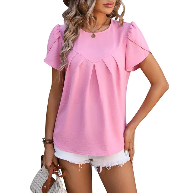 European And American Women's Clothing Casual V neck Chiffon Shirt Pink - Shop at LoveMi